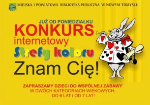 konkurs internetowy strefy koloru Znam Cię .poprawej stronie zając trzymający zwój pergaminu i trąbiący przez trąbkę
