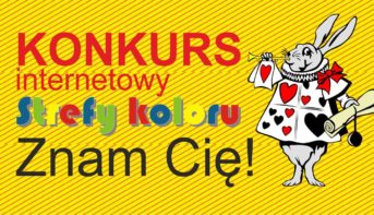 konkurs internetowy strefy koloru Znam Cię .poprawej stronie zając trzymający zwój pergaminu i trąbiący przez trąbkę