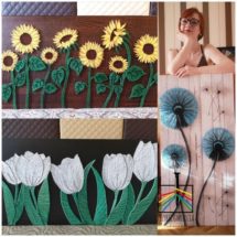 Trzy obrazki z kwiatami. W prawym górnym rogu twarz kobiety podpierającej dłonią brodę.