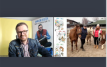 screen przedstawia mężczyznę w okularach w koszuli w kratę i kurtce dżinsowej.po lewej stronie koń, mężczyzna, dwa kuce oraz kobieta w kurtce i czapce