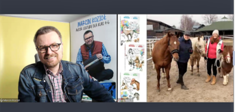 screen przedstawia mężczyznę w okularach w koszuli w kratę i kurtce dżinsowej.po lewej stronie koń, mężczyzna, dwa kuce oraz kobieta w kurtce i czapce