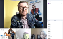 screen przedstawia mężczyznę w okularach w koszuli w kratę i kurtce dżinsowej.na dole ilustracja z narysowanymi koniem, tekst i zdjęcie kobiety w kurtce i czapce. potem chłopiec ze słuchawkami na głowie, następnie chłopiec opierający ręką swoja twarz