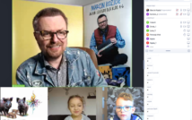 screen przedstawia uśmiechniętego mężczyznę w okularach w koszuli w kratę i kurtce dżinsowej, trzyma w ręce 3 książki.na dole ilustracja z narysowanymi 4 dzikami, potem chłopiec w okularach, następnie uśmiechnięta dziewczynka