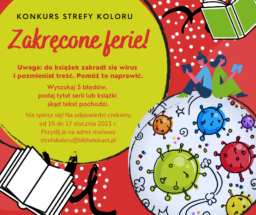 Konkurs Strefy Koloru.zakręcone ferie!po prawej stronie ilustracja otwartej książki,po lewej stronie ilustracja pary czytającej książki.siedzi na kuli w której zamieszczone są ilustracje wirusów