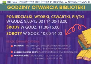 plansza informująca o godzinach otwarcia biblioteki i sposobie zamawiania