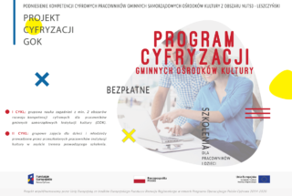 Plakat przedstawiający dwie osoby pracujące na komputerze oraz tekst „PROJEKT CYFRYZACJI GOK, PODNIESIENIE KOMPETENCJI CYFROWYCH PRACOWNIKÓW GMINNYCH SAMORZĄDOWYCH OŚRODKÓW KULTURY OBSZARU NUTS3 -LESZCZYŃSKI, BEZPŁATNE SZKOLENIA DLA PRACOWNIKÓW i DZIECI, Fundusze Europejskie, Rzeczpospolita Polska, Unia Europejska, Fundusz Rozwoju Regionalnego