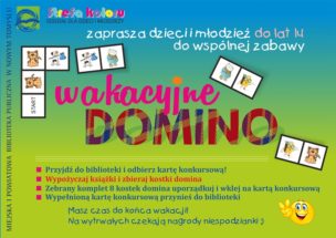 lewy górny róg przedstawia kostki domina. na środku napis wakacyjne domino.