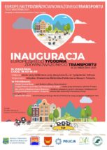 U góry napis: EUROPEJSKTYDZIEŃZRÓWNOWAŻONEGOTRANSPORTU Poniżej napis: 16 WRZEŚNIA 16-22 WRZEŚNIA 2021 Poniżej napis: INAUGURACJA, poniżej: 16 września, poniżej: godz. 16.00 – 18.00, miejsce: skwer przy bibliotece; przy skrzyżowaniu ul. Tysiąclecia i Witosa, Organizator; Miejska i Powiatowa Biblioteka Publiczna w Nowym Tomyślu. W PROGRAMIE: Miejski Survival Race - czyli Rodzinny Bieg z Przeszkodami; Uwaga! Roboty na drodze, czyli kodowanie na start – nauka programowania robotów Photon; Eko-piknik z Nadleśnictwem Bolewice – stoisko z zabawami, grami i planszami edukacyjnymi; Akcja znakowania rowerów i hulajnóg – stanowisko Komendy Powiatowej Policji oraz o godz. 17.00 Zumba dla rodzin – 20.minutowy trening z Maritą Piechowiak przy gorących przebojach lata. Na dole po lewej stronie napis: Uwaga! W razie niepogody impreza zostanie odwołana.