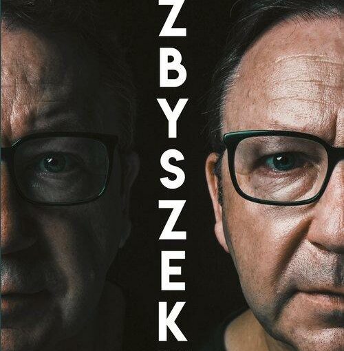 okładka książki, pół twarzy mężczyzny w okularach w odbiciu lustrzanym, u góry napis: Zbigniew Zamachowski w rozmowie z Beatą Nowicką, po środku z góry na dół dalszy ciąg napisu: Zbyszek : przez przypadki, Znak